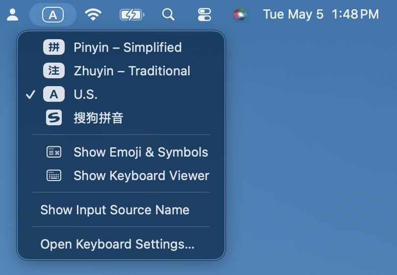 macOS input menu showing available Chinese input sources.