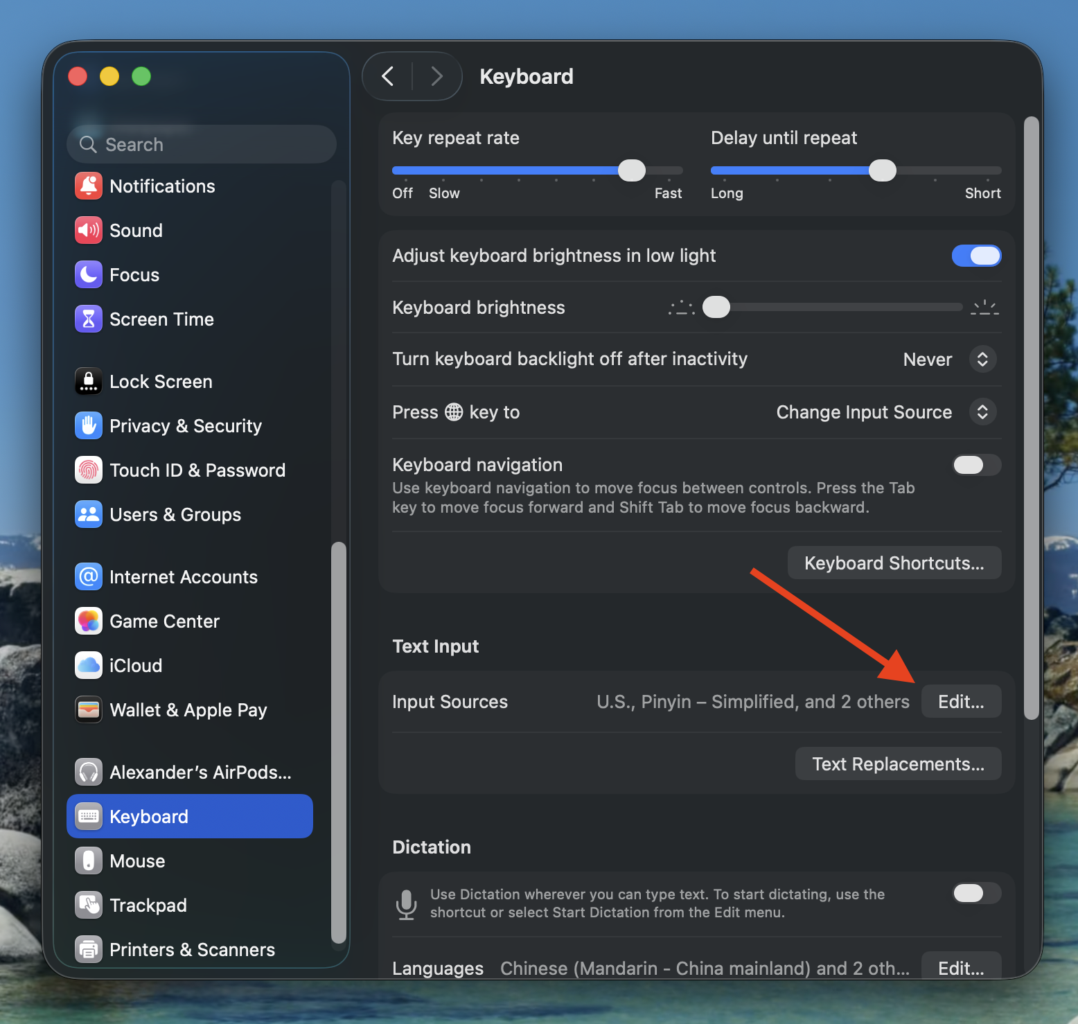 macOS Keyboard settings showing Text Input with the Edit button.