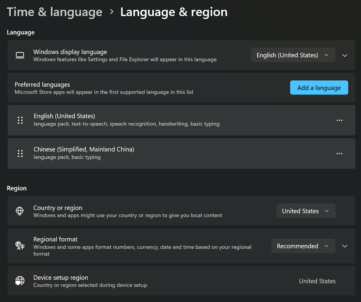 Windows 11 Language & region settings with the Add a language button.